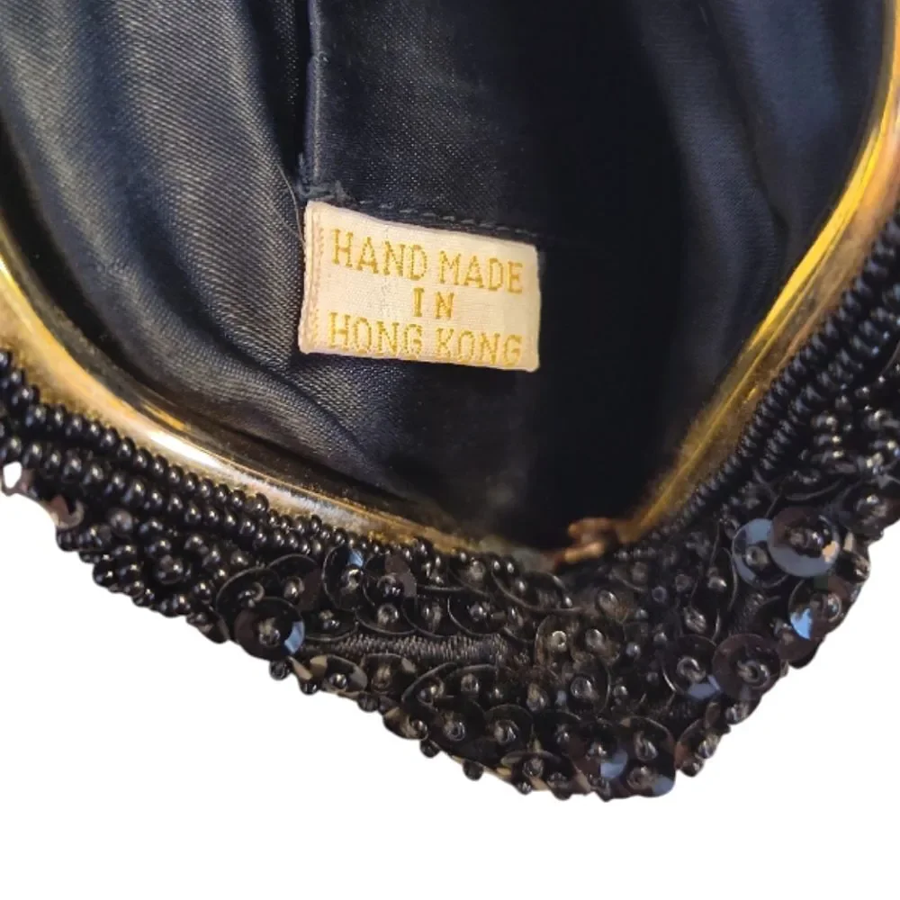 VTG 50s 60s Black Handmade Hong Kong‎ Beaded Sequins Kiss Lock Clutch